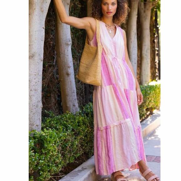 Liverpool Los Angeles V-Neck Sleeveless Tiered Striped Maxi Dress Small - Picture 9 of 11
